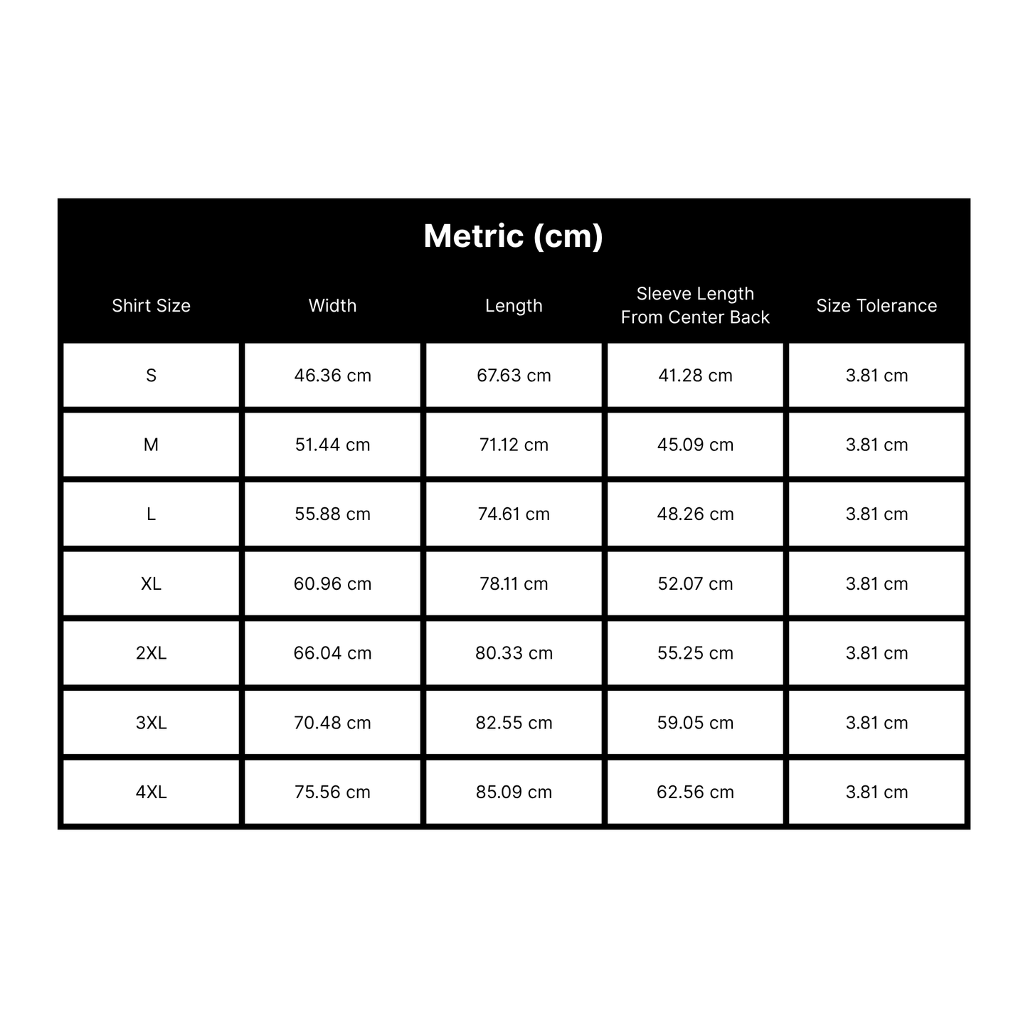 Metric size chart for Comfort Colors 1717 t-shirts. Sizes S to 4XL. Width in centimeters: 46.36, 51.44, 55.88, 60.96, 66.04, 70.48, 75.56. Length: 67.63, 71.12, 74.61, 78.11, 80.33, 82.55, 85.09. Sleeve length from center back: 41.28, 45.09, 48.26, 52.07, 55.25, 59.05, 62.56. Size tolerance: 3.81 centimeters across all sizes.